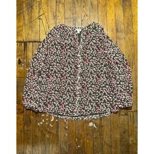 J.CREW Blouse Top Womens S Black Floral Balloon Sleeve Round Neck Button Front